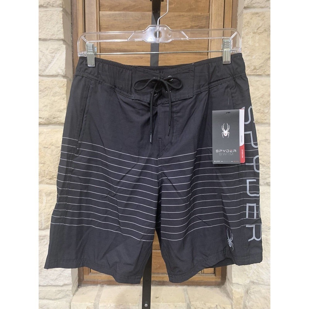 Spyder Men’s Drawstring Elastic Waist Swim Trunks Mesh Lined Black White S NWT​​